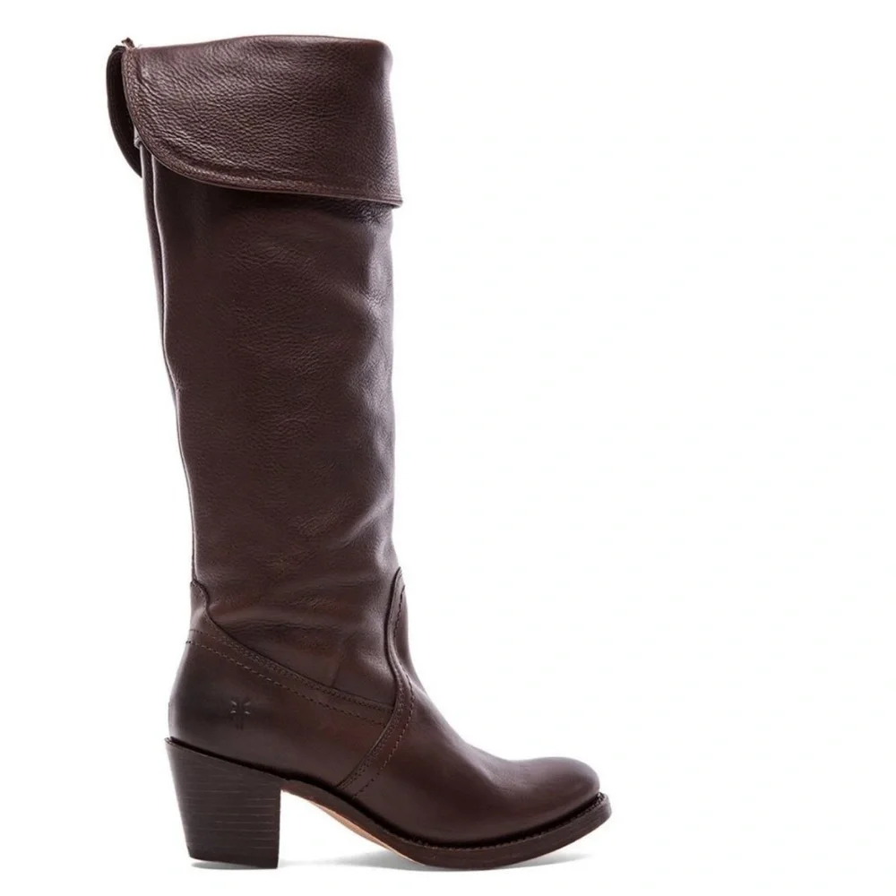 FRYE 77595 JANE TALL CUFF BROWN LEATHER BOOTS 7